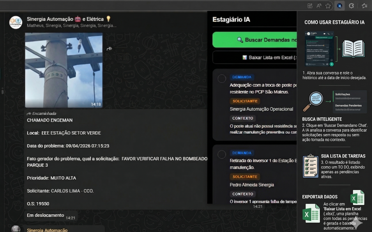 Menu lateral explicando como usar a extensão IA Estagiário